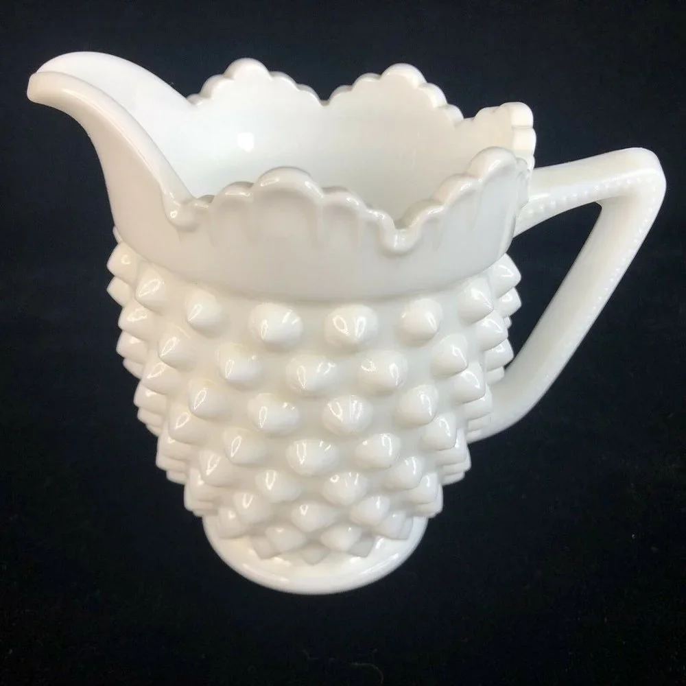 Fenton White Hobnail Milk Glass Creamer‎ Pitcher 4” Tall 8 Ounce Scalloped VTG